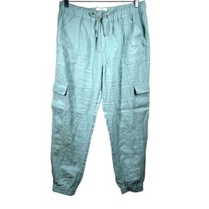 NICOLE MILLER 100% Linen Cargo Jogger Pants Aqua Green Size XS Utility